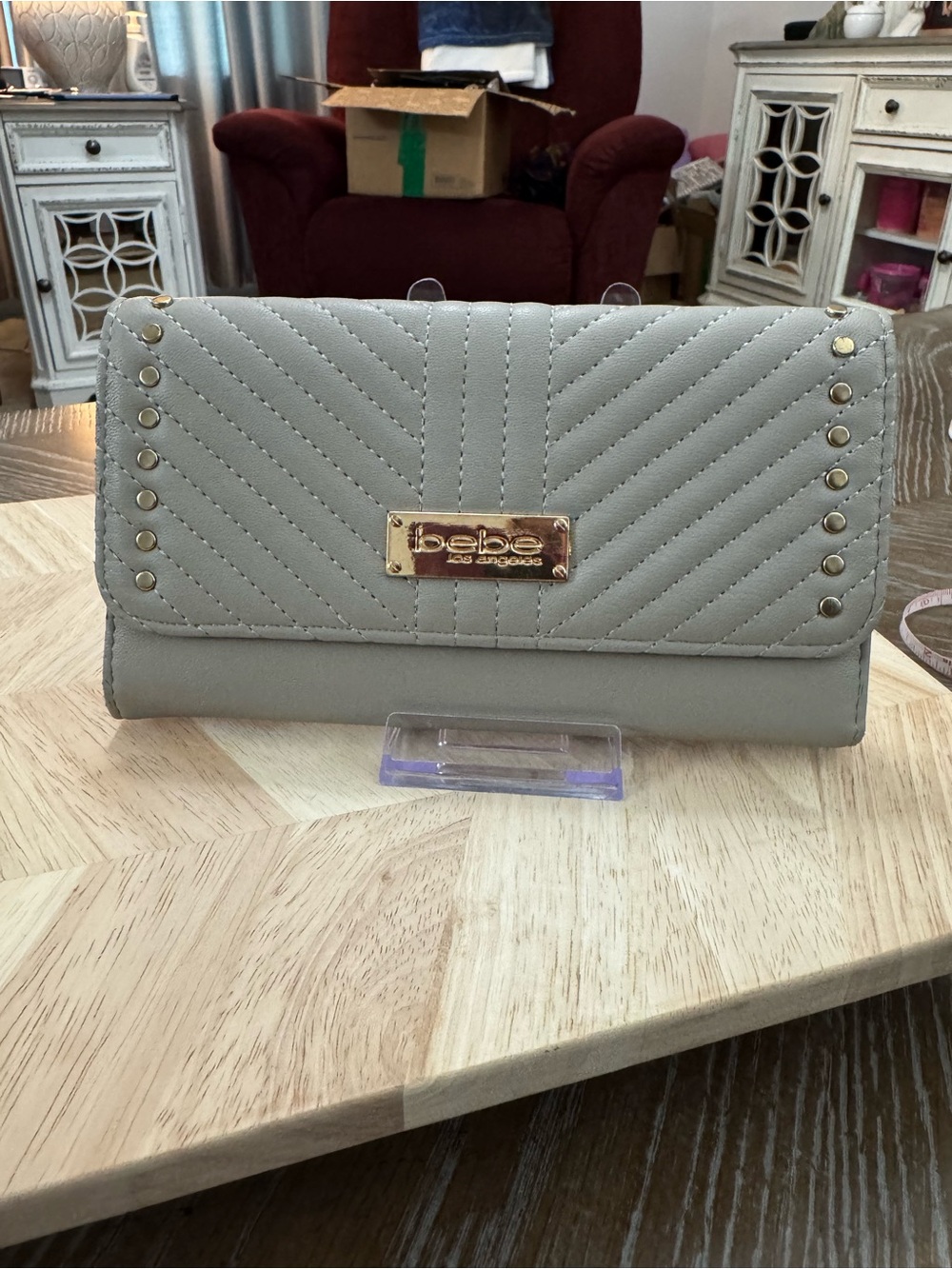 bebe Quilted Light Gray Clutch with Gold Plate